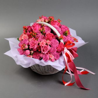 Basket with peony roses spray