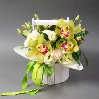 A composition in a flowerpot with orchids, eustoma, skimiia, dianthus