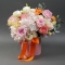 Composition of peony-shaped roses with hydrangeas in a hat box - Photo 1