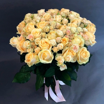 Bouquet of 51 Peach Avalanche and Elena spray roses 